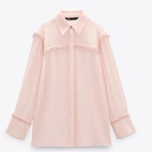 Zara Contrast Textured Appliqué Long Sleeve Shirt Pastel Pink M